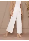 Omarı Bol Paça Beli Lastikli Beyaz Pantolon