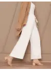 Bağcık Detaylı Bol Paça Beli Lastikli Pantolon -Beyaz