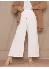 Bağcık Detaylı Bol Paça Beli Lastikli Pantolon -Beyaz