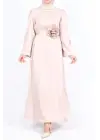 Omarı Taşlı Saten Elbise - Bej