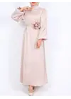 Balon Kol Kemerli Taşlı Saten Elbise  -Bej