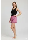 Bambu Fitilli Kadın Ev Şortu Bacak Dantel Detaylı Ev Giyim Fuşya