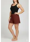 Bambu Fitilli Kadın Ev Şortu Bacak Dantel Detaylı Ev Giyim Koyu Taba
