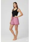 Bambu Fitilli Kadın Ev Şortu Bacak Dantel Detaylı Ev Giyim Pembe
