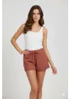 Bambu Fitilli Kadın Ev Şortu Bacak Dantel Detaylı Ev Giyim Taba