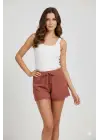 Bambu Fitilli Kadın Ev Şortu Bacak Dantel Detaylı Ev Giyim Taba