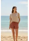 Bambu Fitilli Kadın Ev Şortu Bacak Dantel Detaylı Ev Giyim Taba
