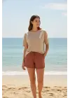 Bambu Fitilli Kadın Ev Şortu Bacak Dantel Detaylı Ev Giyim Taba