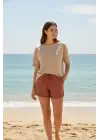 Bambu Fitilli Kadın Ev Şortu Bacak Dantel Detaylı Ev Giyim Taba
