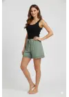Bambu Fitilli Kadın Ev Şortu Bacak Dantel Detaylı Ev Giyim Yeşil