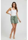 Bambu Fitilli Kadın Ev Şortu Bacak Dantel Detaylı Ev Giyim Yeşil