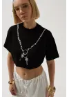 Omarı Rahat Kesim Baskılı Crop T-Shirt