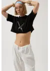 Omarı Rahat Kesim Baskılı Crop T-Shirt