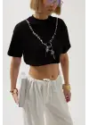 Omarı Rahat Kesim Baskılı Crop T-Shirt