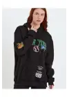 Baskılı Kapüşonlu Siyah Sweatshirt