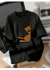 Baskılı Oversize Bisiklet Yaka T-shirt - Siyah
