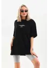 Omarı Şık Baskılı Oversize T-Shirt - Siyah