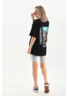 Omarı Şık Baskılı Oversize T-Shirt - Siyah