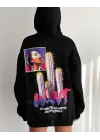 Siyah Baskılı Üç İplik Kapüşonlu Sweatshirt