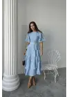 Bebe Mavi Kat Kat Balon Kollu Kemerli Elbise
