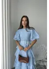 Bebe Mavi Kat Kat Balon Kollu Kemerli Elbise