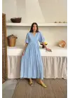 Omarı Mavi Müslin Uzun Elbise