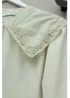 Bebe Yaka Dantel Detaylı Düğmeli Poplin Gömlek -Bej