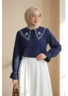 Bebe Yaka Fistolu Kolu Lastikli Poplin Gömlek Bluz -Laci