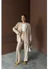 Bej Çizgili Ceket Ve Pantolon Takım