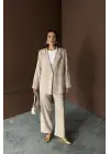 Bej Çizgili Ceket Ve Pantolon Takım