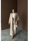 Bej Çizgili Ceket Ve Pantolon Takım