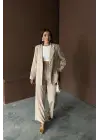 Bej Çizgili Ceket Ve Pantolon Takım