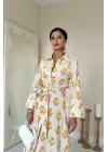 Bej Desenli Ve Önü Düğmeli Keten Elbise