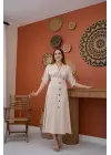 Bej Düğmeli Keten Elbise