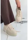 Omarı Aşk Dolu Bej Keten Bağcıklı Sneaker