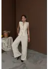 Bej Keten Yelek Pantolon Takım
