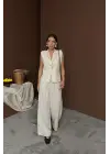 Bej Keten Yelek Pantolon Takım