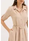 Bej Kuşaklı Gömlek Elbise 2442