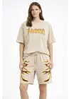 Bej Oversize Baskılı Tişört Şort Takım Cepli Şort Yazlık Rahat Günlük Kombin - Bej