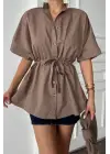 BEL BÜZGÜ DETAYLI POPLİN GÖMLEK - Kahverengi