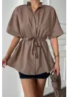 Omarı Rahat Kullanımlı Bel Büküm Detaylı Gömlek - Kahverengi