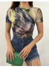 Bel Omuz Büzgülü Batik Baskı Sendy Bluz  -Yeşil