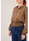 Omarı Esnek Bel ve Serbest Bilek Detaylı Kahverengi Bluz