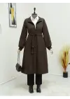 Belden Bağlamalı Top Düğmeli Kaşe Kaban   -K. Kahve