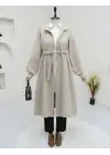 Belden Bağlamalı Top Düğmeli Kaşe Kaban  -Taş