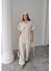Omarı Belden Büzgü Detaylı Takım - Keten Gömlek ve Pantolon Seti