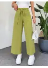 Omarı Yüksek Bel Bol Paça Pantolon - Fermuarlı Yeşil