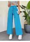 Beli Bağcıklı Double Bol Paça Pantolon      -Mavi