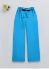 Beli Bağcıklı Double Bol Paça Pantolon      -Mavi