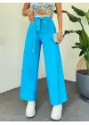 Beli Bağcıklı Double Bol Paça Pantolon      -Mavi